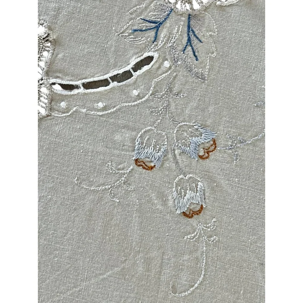 Embroidered Tablecloth With Blue Floral Cutwork Crocheted Inserts Vintage